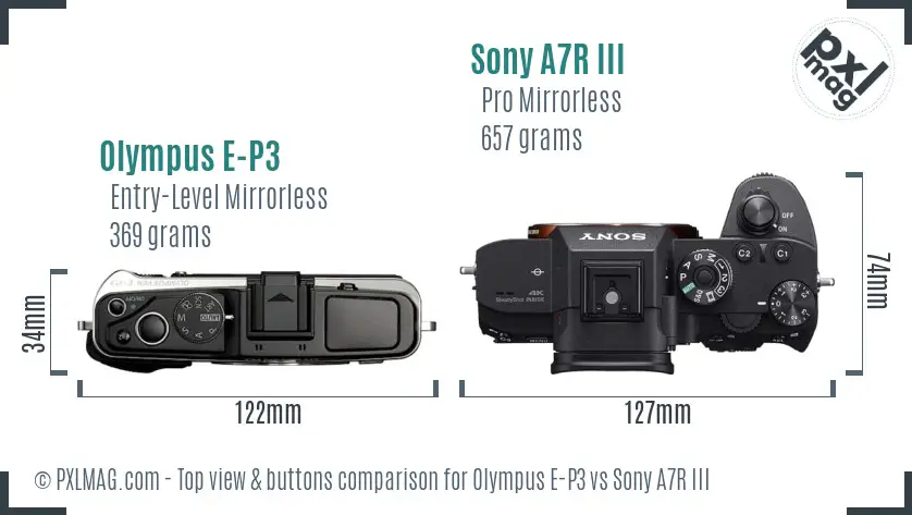 Olympus E-P3 vs Sony A7R III top view buttons comparison Olympus E-P3 vs Sony A7R III top view buttons comparison