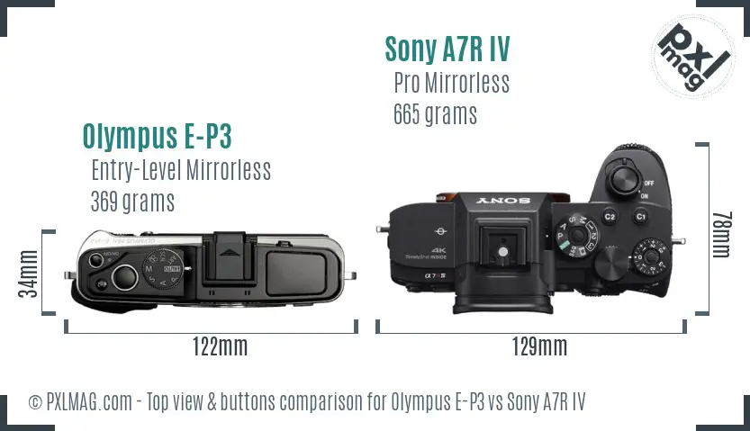 Olympus E-P3 vs Sony A7R IV top view buttons comparison