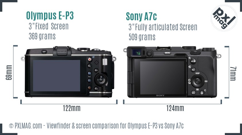 Olympus E-P3 vs Sony A7c Screen and Viewfinder comparison