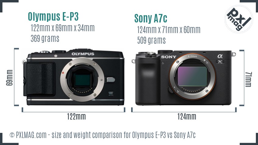 Olympus E-P3 vs Sony A7c size comparison