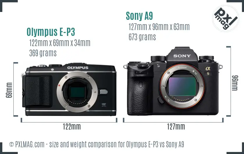 Olympus E-P3 vs Sony A9 size comparison
