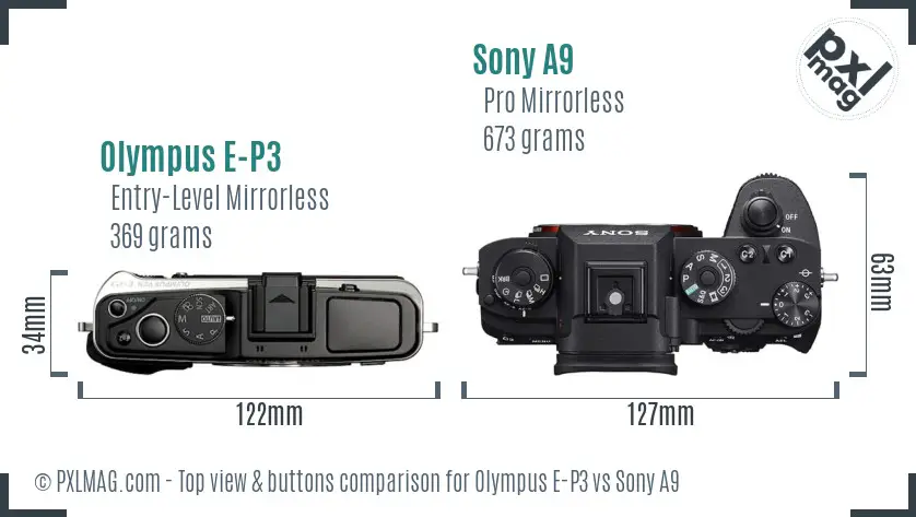 Olympus E-P3 vs Sony A9 top view buttons comparison