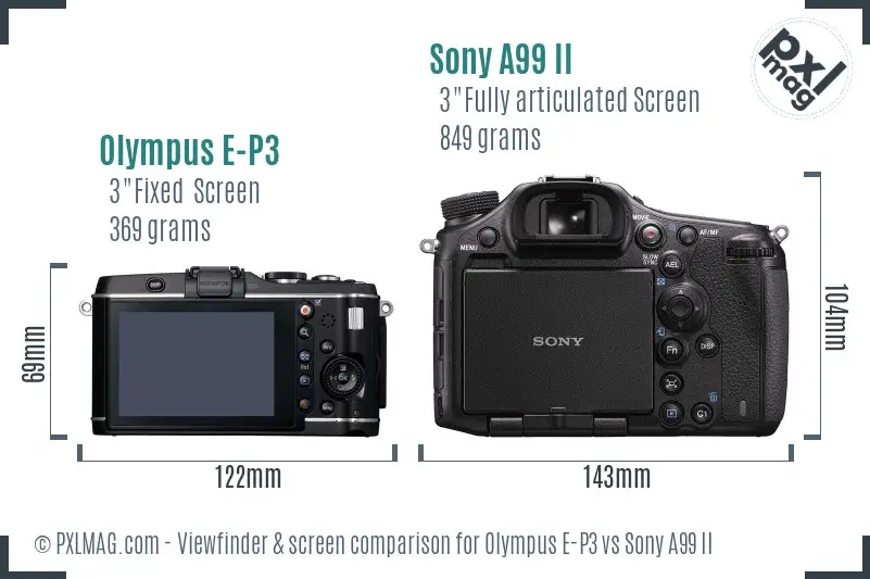 Olympus E-P3 vs Sony A99 II Screen and Viewfinder comparison
