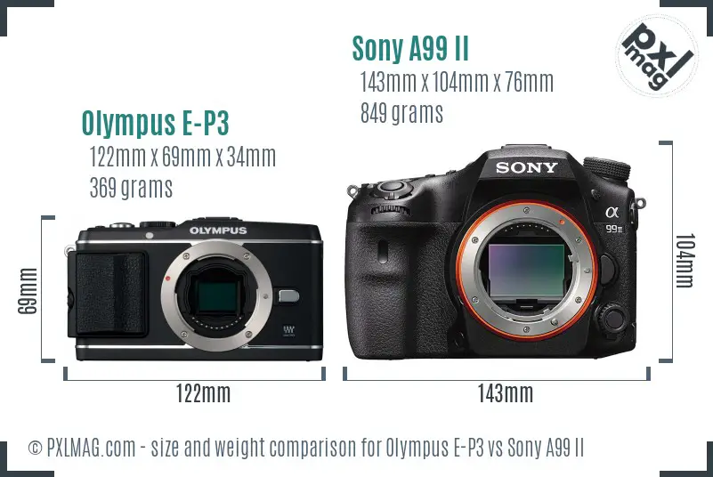 Olympus E-P3 vs Sony A99 II size comparison