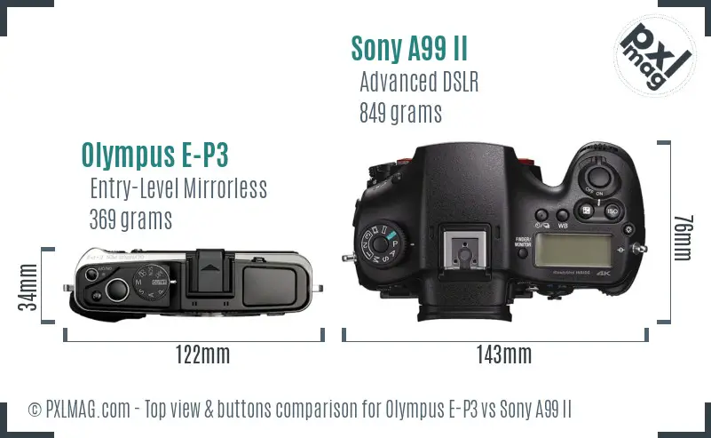 Olympus E-P3 vs Sony A99 II top view buttons comparison