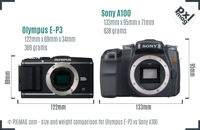 Olympus E-P3 vs Sony A100 size comparison