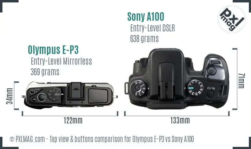 Olympus E-P3 vs Sony A100 top view buttons comparison