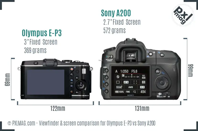 Olympus E-P3 vs Sony A200 Screen and Viewfinder comparison