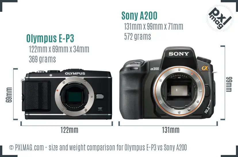 Olympus E-P3 vs Sony A200 size comparison