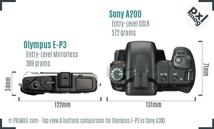 Olympus E-P3 vs Sony A200 top view buttons comparison