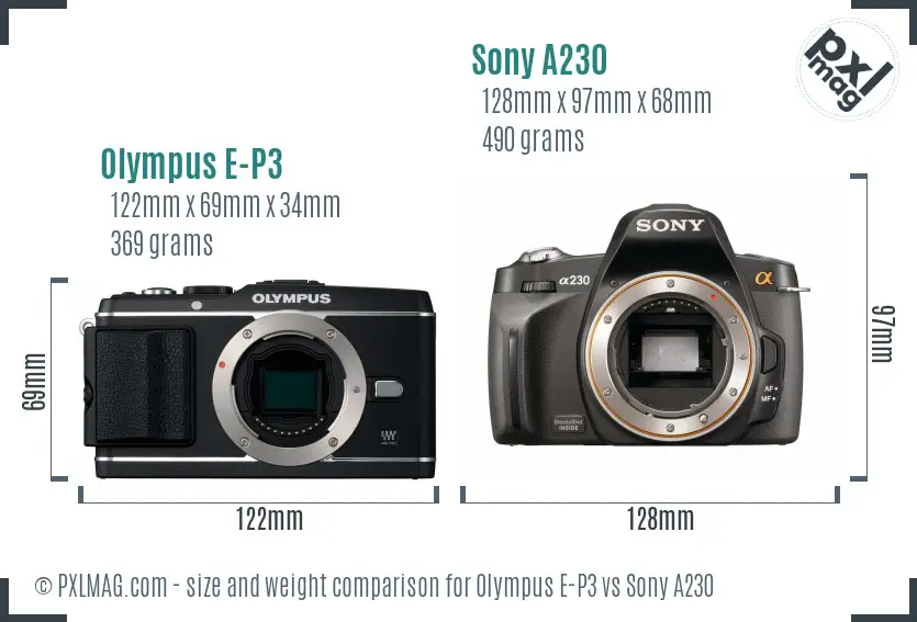 Olympus E-P3 vs Sony A230 size comparison