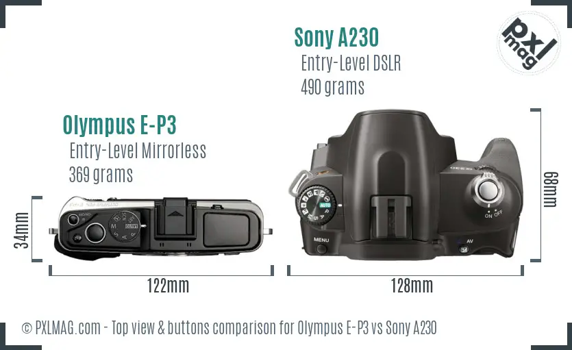 Olympus E-P3 vs Sony A230 top view buttons comparison