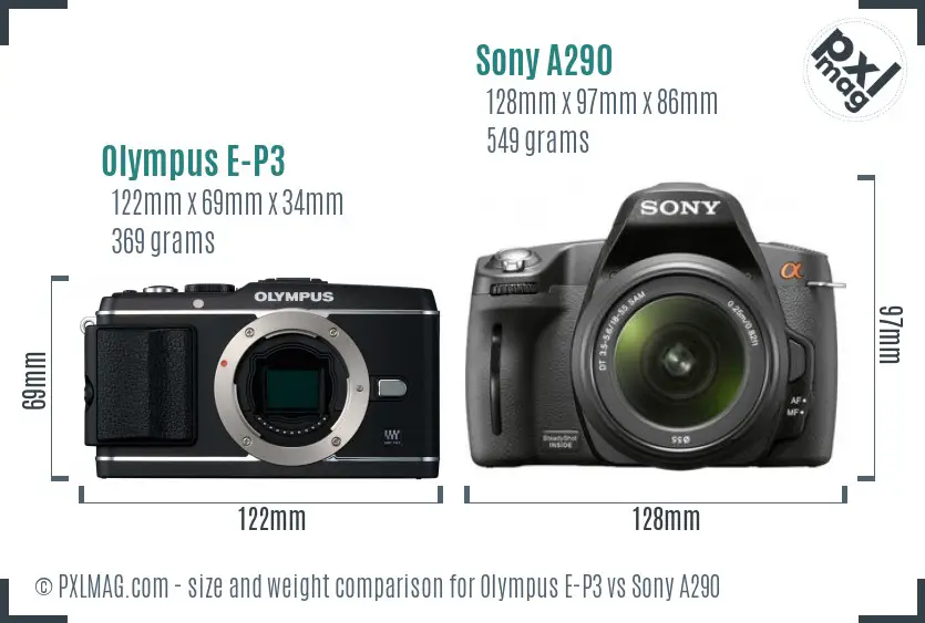 Olympus E-P3 vs Sony A290 size comparison