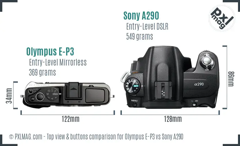 Olympus E-P3 vs Sony A290 top view buttons comparison