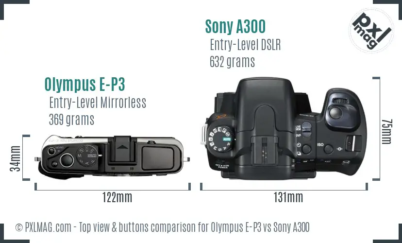 Olympus E-P3 vs Sony A300 top view buttons comparison