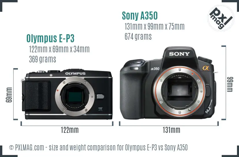 Olympus E-P3 vs Sony A350 size comparison