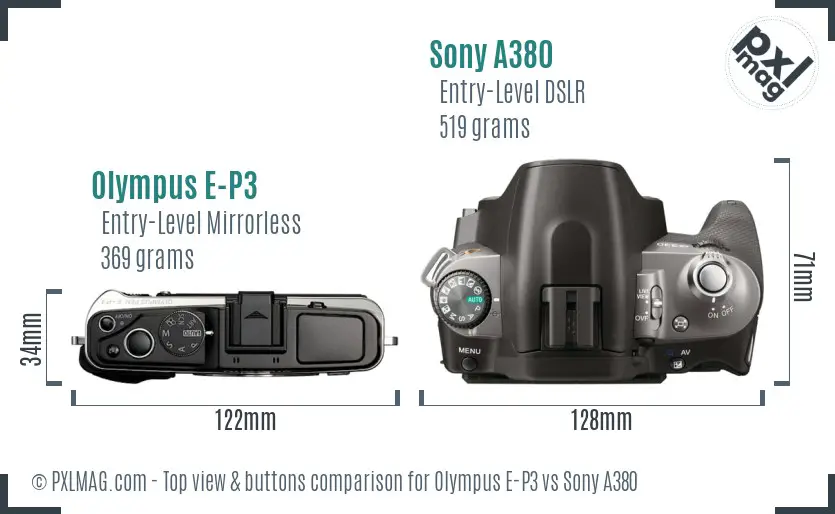 Olympus E-P3 vs Sony A380 top view buttons comparison