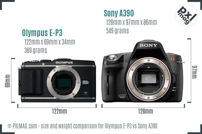 Olympus E-P3 vs Sony A390 size comparison