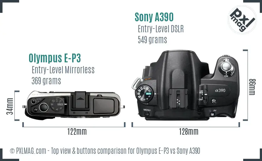 Olympus E-P3 vs Sony A390 top view buttons comparison