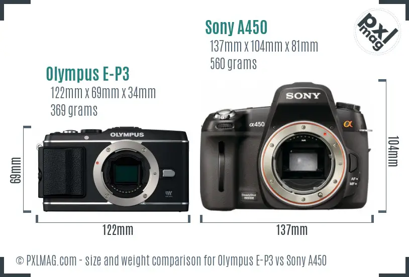 Olympus E-P3 vs Sony A450 size comparison