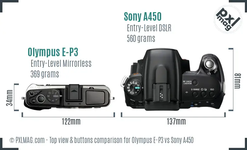 Olympus E-P3 vs Sony A450 top view buttons comparison