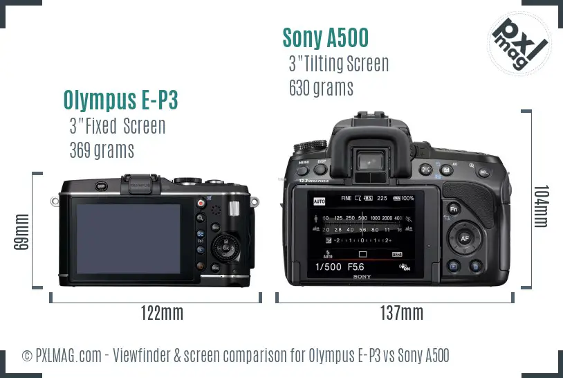 Olympus E-P3 vs Sony A500 Screen and Viewfinder comparison