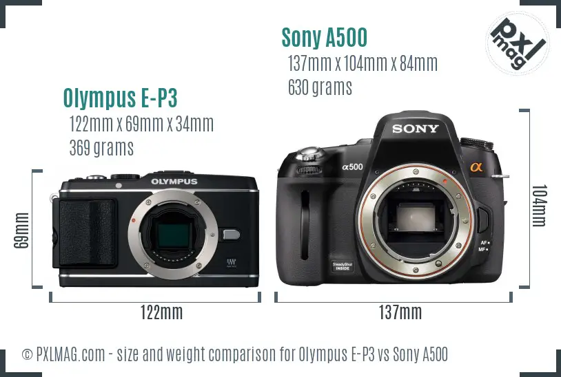 Olympus E-P3 vs Sony A500 size comparison