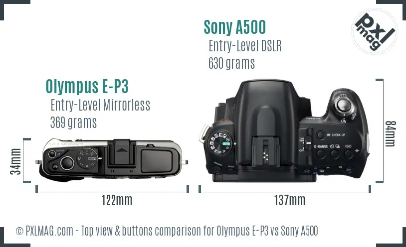 Olympus E-P3 vs Sony A500 top view buttons comparison
