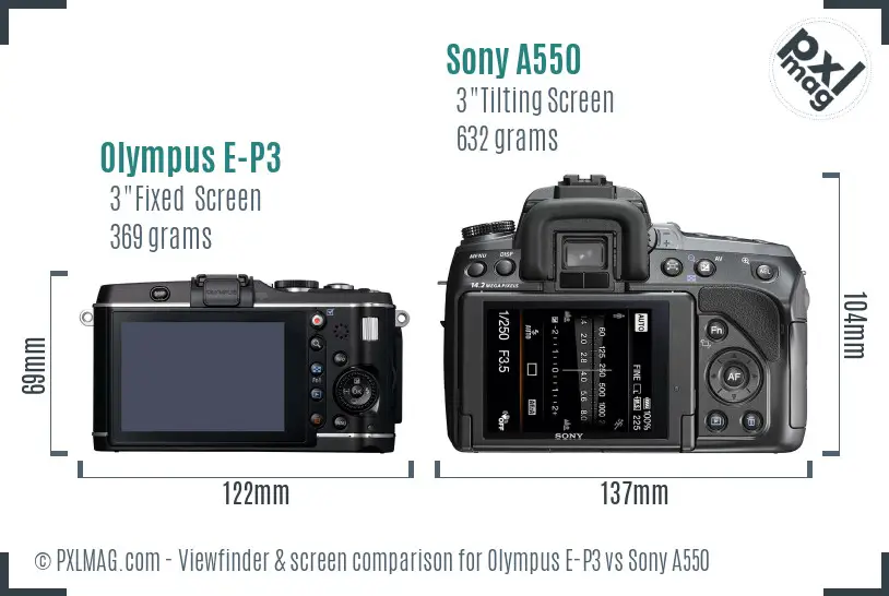 Olympus E-P3 vs Sony A550 Screen and Viewfinder comparison