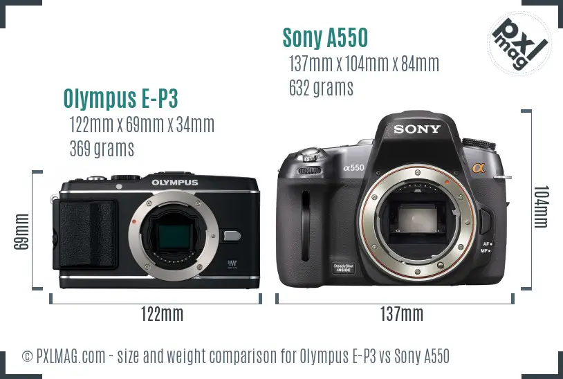 Olympus E-P3 vs Sony A550 size comparison