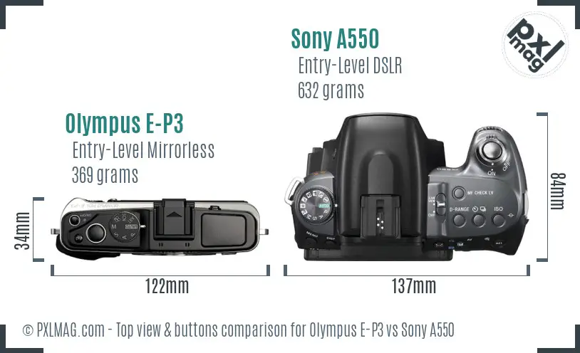 Olympus E-P3 vs Sony A550 top view buttons comparison