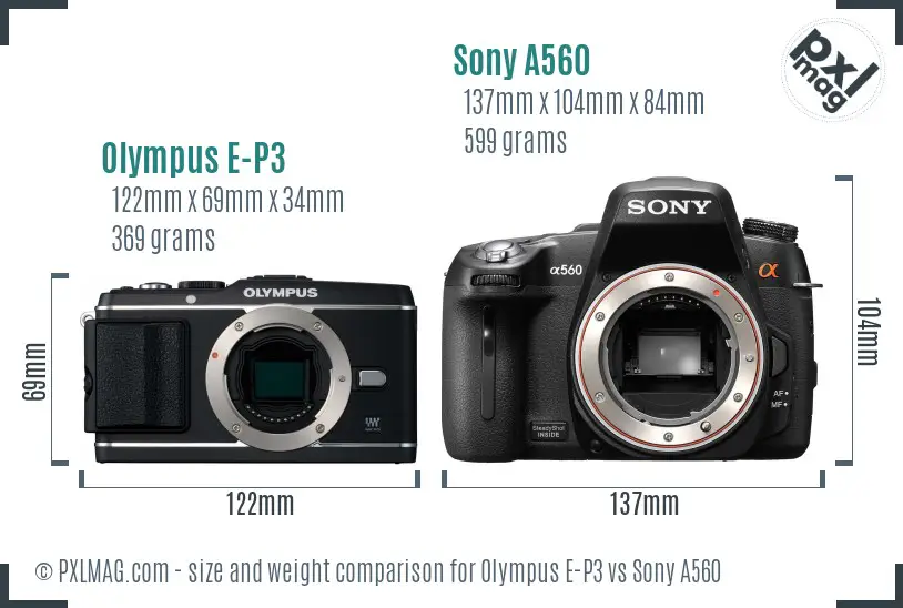 Olympus E-P3 vs Sony A560 size comparison