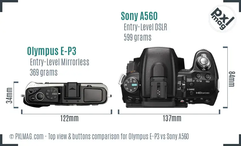 Olympus E-P3 vs Sony A560 top view buttons comparison