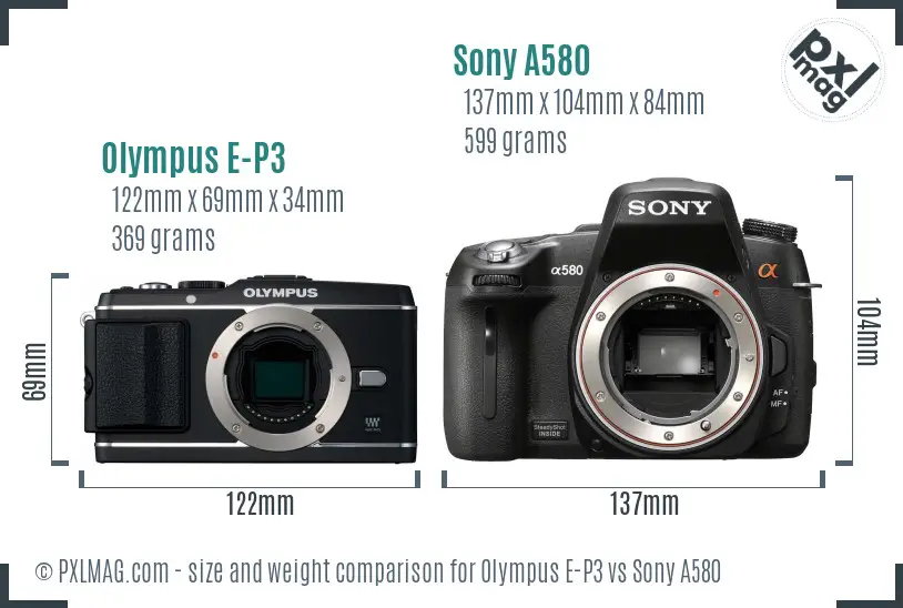 Olympus E-P3 vs Sony A580 size comparison