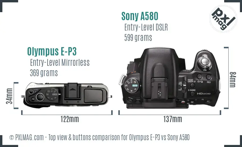 Olympus E-P3 vs Sony A580 top view buttons comparison