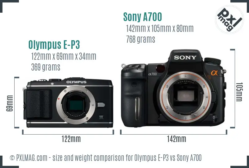 Olympus E-P3 vs Sony A700 size comparison