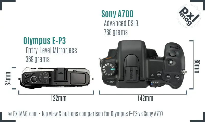Olympus E-P3 vs Sony A700 top view buttons comparison