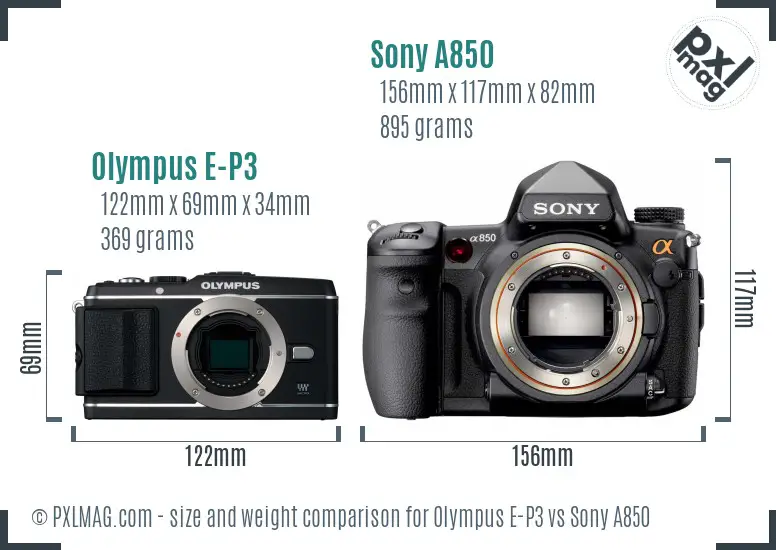 Olympus E-P3 vs Sony A850 size comparison