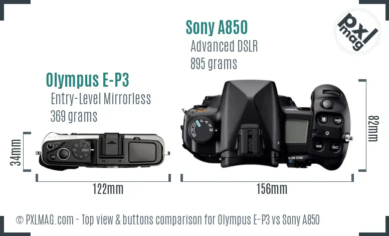 Olympus E-P3 vs Sony A850 top view buttons comparison