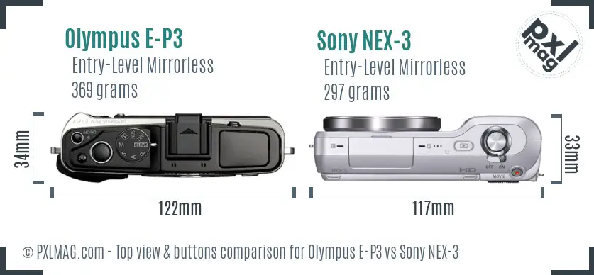Olympus E-P3 vs Sony NEX-3 top view buttons comparison