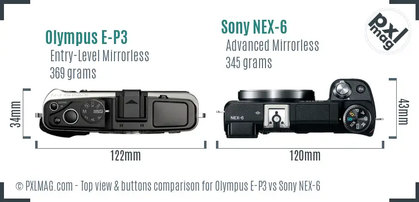 Olympus E-P3 vs Sony NEX-6 top view buttons comparison