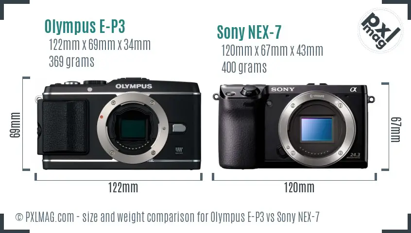 Olympus E-P3 vs Sony NEX-7 size comparison