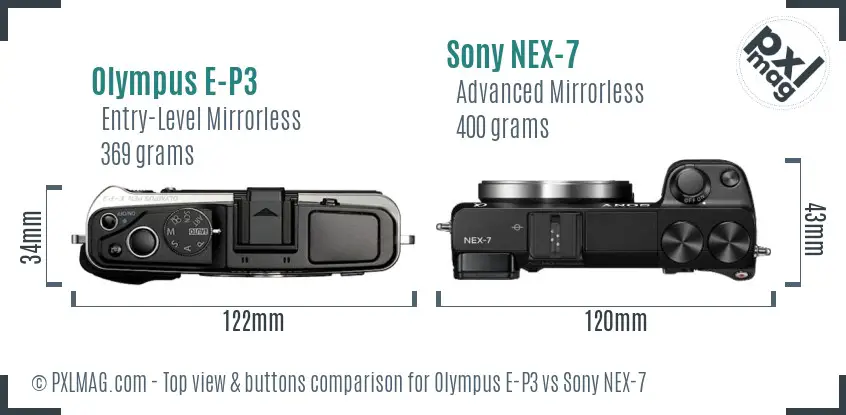 Olympus E-P3 vs Sony NEX-7 top view buttons comparison