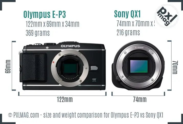 Olympus E-P3 vs Sony QX1 size comparison
