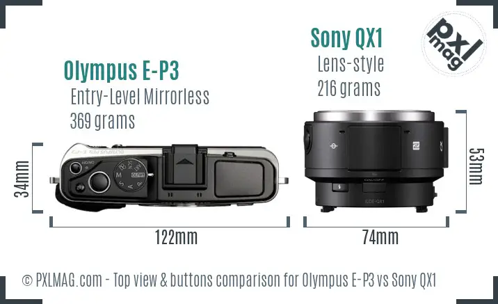 Olympus E-P3 vs Sony QX1 top view buttons comparison