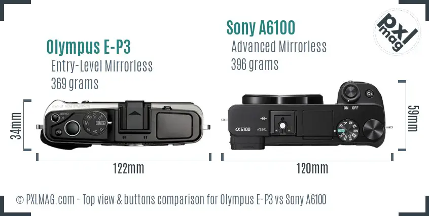 Olympus E-P3 vs Sony A6100 top view buttons comparison