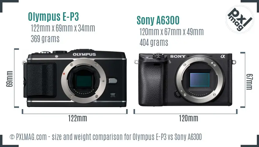 Olympus E-P3 vs Sony A6300 size comparison