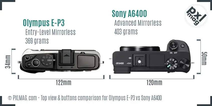Olympus E-P3 vs Sony A6400 top view buttons comparison