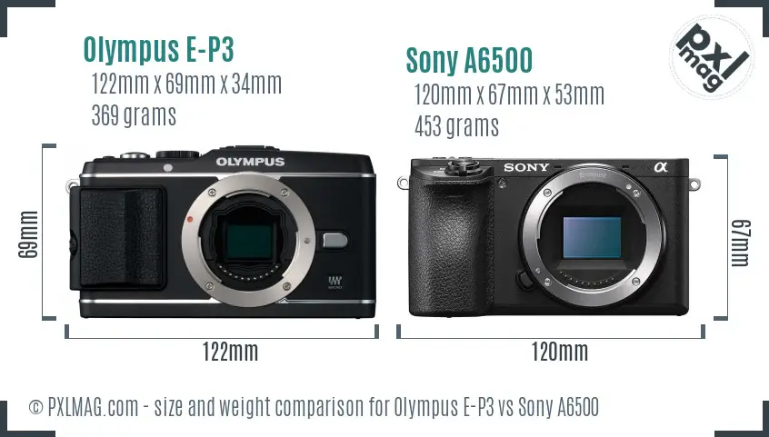 Olympus E-P3 vs Sony A6500 size comparison