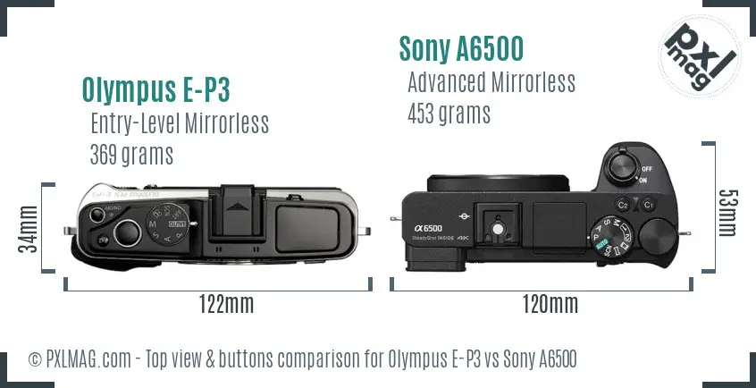 Olympus E-P3 vs Sony A6500 top view buttons comparison